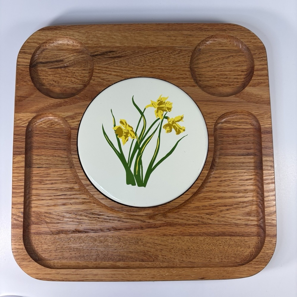 Retro MCM 12" Square Teak Wood Serving Tray Yellow Daffodils Center Trivet